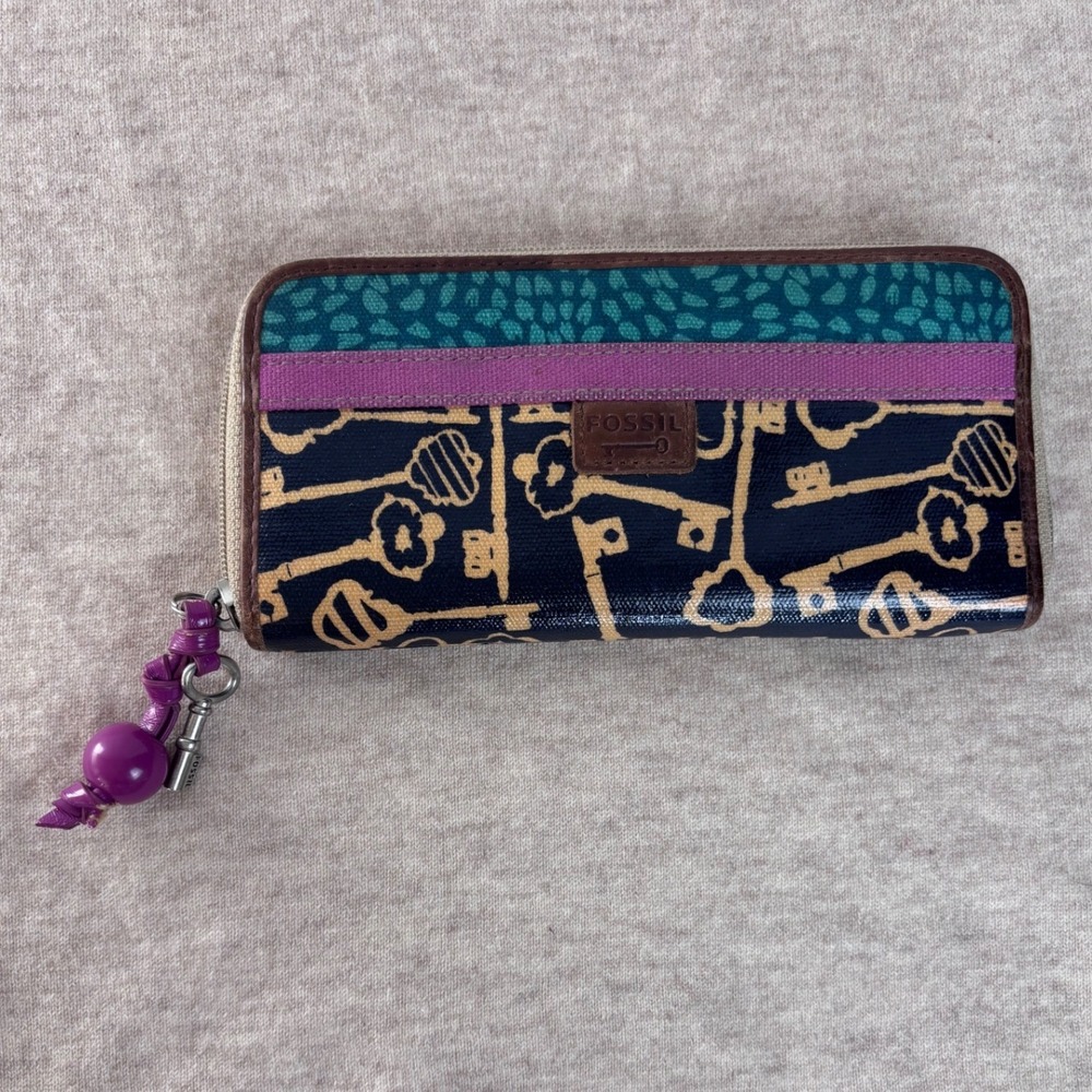 Fossil Key-Per Coated Canvas Zip Around Wallet Navy Teal Purple Skeleton Key